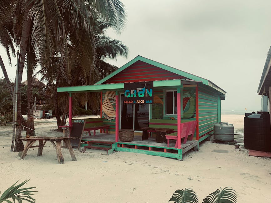 Colorful juice bar on a sandy beach in Belize surrounded by palm trees.
